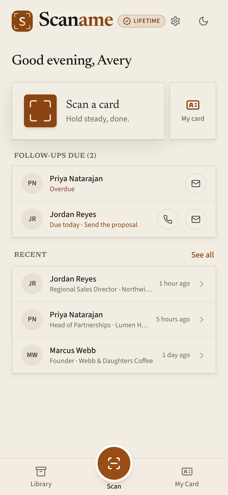 The Scaname Home screen with follow-ups due and recent contacts